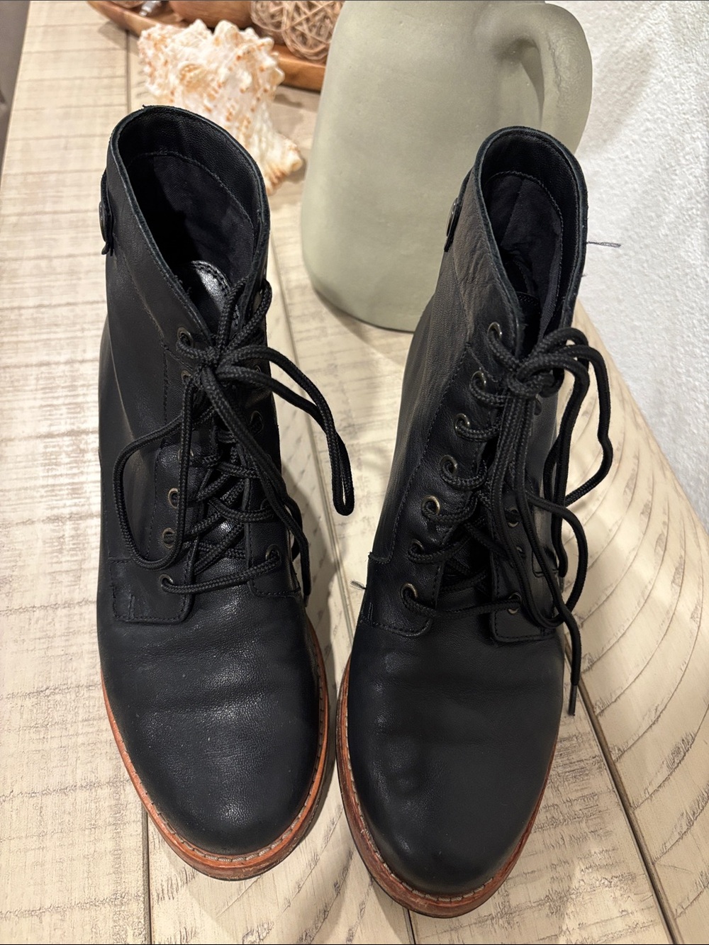 Clarks Black Lace-Up Leather Ankle Boots with Brown Stacked Heel - Picture 2 of 10
